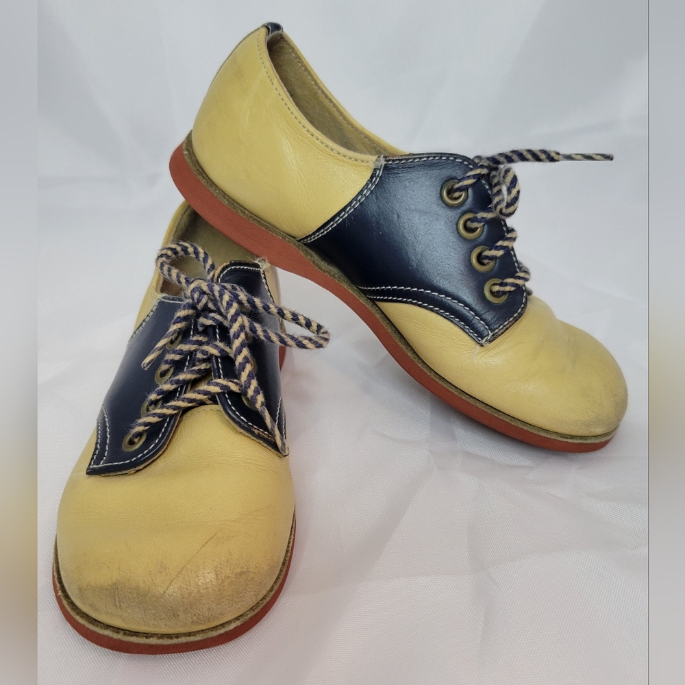 Vintage Self-Sarters Carpenter Leather Navy Blue Tan Saddle Shoes Toddler 8.5C